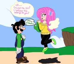 Size: 1059x922 | Tagged: safe, artist:zer0cute, fluttershy, human, equestria girls, blushing, cap, clothes, crossover, crossover shipping, female, green hat, hairpin, hat, holding, humanized, looking at each other, luigi, luigi's hat, luigishy, male, nintendo, overalls, pegasus wings, shipping, shirt, shoes, straight, super mario bros., sweater, sweatershy, undershirt, winged humanization, wings