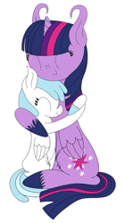 Size: 1776x3179 | Tagged: safe, artist:dinkyuniverse, cotton cloudy, twilight sparkle, twilight sparkle (alicorn), alicorn, pony, cute, hug, lovely, simple background, unshorn fetlocks, white background