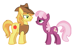 Size: 931x605 | Tagged: safe, edit, braeburn, cheerilee, earth pony, pony, bedroom eyes, cheerburn, clothes, cowboy hat, crack shipping, duo, female, hat, male, mare, shipping, simple background, smiling, stallion, straight, vector, white background