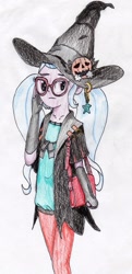 Size: 1479x3063 | Tagged: safe, artist:40kponyguy, derpibooru exclusive, sugarcoat, equestria girls, bag, clothes, cosplay, costume, crossover, etrian odyssey, glasses, looking at you, pigtails, pumpkin, requested art, simple background, solo, traditional art, twintails, white background, witch