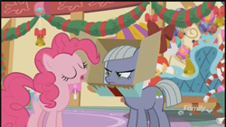 Size: 1280x720 | Tagged: safe, screencap, limestone pie, pinkie pie, earth pony, pony, best gift ever, decoration, discovery family logo, duo, eyes closed, female, mare, present, sisters