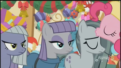 Size: 1280x720 | Tagged: safe, screencap, limestone pie, marble pie, maud pie, pinkie pie, earth pony, pony, best gift ever, decoration, discovery family logo, eyes closed, female, forehead kiss, kissing, mare, pie sisters, platonic kiss, siblings, sisters