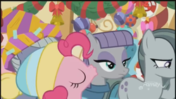 Size: 1280x720 | Tagged: safe, screencap, limestone pie, marble pie, maud pie, pinkie pie, earth pony, pony, best gift ever, decoration, discovery family logo, eyes closed, female, hat, kiss on the cheek, kissing, mare, maud being maud, pie sisters, platonic kiss, siblings, sisters