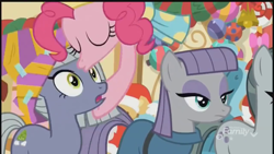 Size: 1280x720 | Tagged: safe, screencap, limestone pie, marble pie, maud pie, pinkie pie, earth pony, pony, best gift ever, decoration, discovery family logo, eyes closed, female, forehead kiss, hat, kissing, mare, pie sisters, platonic kiss, siblings, sisters