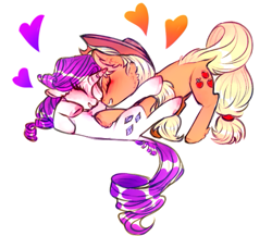 Size: 689x599 | Tagged: safe, artist:jasuu-nyan, applejack, rarity, earth pony, pony, unicorn, applejack's hat, blushing, cowboy hat, cute, daaaaaaaaaaaw, eyes closed, female, hat, heart, hnnng, jackabetes, lesbian, love, mare, raribetes, rarijack, shipping, simple background, white background