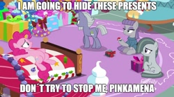 Size: 888x499 | Tagged: safe, edit, edited screencap, screencap, boulder (pet), limestone pie, marble pie, maud pie, pinkie pie, earth pony, pony, best gift ever, bed, christmas, discovery family logo, female, hat, holiday, mare, pie sisters, pinkie's bedroom, plot, present, santa hat, siblings, sisters