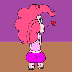 Size: 748x752 | Tagged: safe, artist:logan jones, pinkie pie, human, equestria girls, ass, balloonbutt, barefoot, behind, clothes, feet, female, heart, looking at you, looking back, pants, soles, sweatpants, tanktop, toes