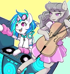 Size: 1000x1060 | Tagged: safe, artist:hobilo, dj pon-3, octavia melody, vinyl scratch, earth pony, pony, semi-anthro, unicorn, cello, clothes, cute, duo, female, glasses, headphones, jacket, mary janes, musical instrument, shoes, skirt, sunglasses, vinylbetes