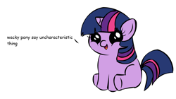 Size: 1194x668 | Tagged: safe, twilight sparkle, pony, unicorn, comic sans, dialogue, exploitable meme, female, filly, filly twilight sparkle, filly twilight telling an offensive joke, horn, looking at you, meme, meta, multicolored mane, multicolored tail, obligatory pony, purple coat, simple background, sitting, smiling, solo, talking to viewer, underhoof, white background