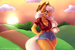 Size: 3000x2000 | Tagged: safe, artist:shyshyoctavia, applejack, anthro, earth pony, applerack, breasts, cleavage, clothes, cowboy hat, female, front knot midriff, hat, midriff, plaid, shorts, smiling, solo, stetson, sun, sunset