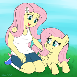 Size: 1000x1000 | Tagged: safe, artist:empyu, fluttershy, pegasus, pony, equestria girls, clothes, cute, female, grass, human ponidox, mare, open mouth, self ponidox, shyabetes, smiling