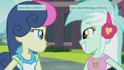 Size: 660x372 | Tagged: safe, edit, edited screencap, screencap, bon bon, lyra heartstrings, sweetie drops, all's fair in love and friendship games, equestria girls, bon bon is not amused, derpibooru, meta, tags, unamused