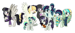 Size: 1940x867 | Tagged: safe, artist:unoriginai, coloratura, octavia melody, songbird serenade, oc, oc:canary clearbelle, oc:serenata serenade, oc:swansong symphony, oc:windchime charm, earth pony, pegasus, pony, my little pony: the movie, alternate hairstyle, blushing, colt, cute, female, magical lesbian spawn, male, mare, next generation, offspring, simple background, singing, transparent background