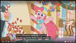 Size: 1366x768 | Tagged: safe, edit, edited screencap, screencap, pinkie pie, earth pony, pony, best gift ever, candy, candy cane, caption, food, meme, sugarcube corner, youtube caption