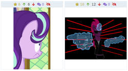 Size: 465x257 | Tagged: safe, screencap, starlight glimmer, tempest shadow, unicorn, the crystalling, crossover, derpibooru, gun, meta, scared, terminator, weapon