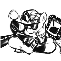 Size: 1500x1500 | Tagged: safe, artist:gab0o0, derpibooru exclusive, twilight sparkle, pony, unicorn, black and white, crossover, female, glasses, glowing horn, grayscale, gun, hooves, horn, jar, jarate, levitation, lying down, magic, mare, monochrome, optical sight, pee in container, rifle, simple background, smiling, sniper, sniper rifle, solo, sunglasses, team fortress 2, telekinesis, twilight sniper, urine, weapon, white background