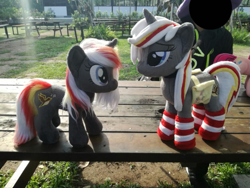 Size: 901x676 | Tagged: safe, artist:epicrainbowcrafts, pinkie pie, oc, oc:velvet remedy, pony, unicorn, fallout equestria, clothes, cute, cutie mark, fanfic, female, fluttershy medical saddlebag, grass, hooves, horn, irl, mare, medical saddlebag, photo, pinkamena diane pie, plushie, saddle bag, socks, striped socks, table