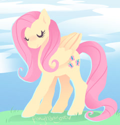 Size: 963x999 | Tagged: safe, artist:ponyhangover, fluttershy, pegasus, pony, cloud, cute, eyes closed, female, lineless, mare, shyabetes, sky, solo