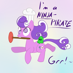 Size: 1125x1125 | Tagged: safe, artist:hip-indeed, screwball, earth pony, pony, chef's hat, female, hat, mare, mouth hold, ninja, ninja pirate, pirate, pirate ninja, plunger, solo