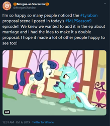 Size: 680x775 | Tagged: safe, edit, edited screencap, screencap, bon bon, lyra heartstrings, sweetie drops, earth pony, pony, unicorn, the big mac question, background characters doing background things, background pony, best friends, canon, duo, female, it happened, lesbian, lyrabon, mare, meta, morgan shandro, shipping, text, twitter