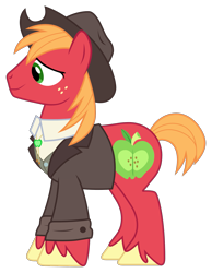 Size: 1533x1980 | Tagged: safe, artist:sonofaskywalker, big macintosh, earth pony, pony, the big mac question, clothes, derpibooru, freckles, hat, juxtaposition, male, meta, simple background, smiling, solo, stallion, suit, transparent background, vector