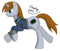 Size: 3650x3100 | Tagged: safe, artist:cloudy95, oc, oc only, oc:littlepip, pony, unicorn, fallout equestria, fallout, female, high res, mare, pipbuck, running, simple background, solo, vault suit, white background