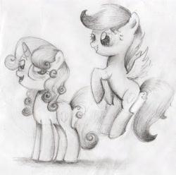 Size: 4906x4873 | Tagged: dead source, safe, artist:songbirdserenade, scootaloo, sweetie belle, pegasus, pony, unicorn, absurd resolution, cute, cutealoo, diasweetes, female, filly, flying, grayscale, grin, looking back, monochrome, scootaloo can fly, simple background, sketch, smiling, spread wings, squee, traditional art, white background, wings