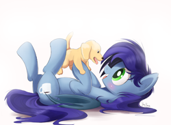 Size: 2250x1650 | Tagged: safe, artist:bugplayer, oc, oc only, oc:blue bat, bat pony, pony, blushing, commission, cute, duo, female, looking at each other, lying down, mare, ocbetes, on back, open mouth, puppy, simple background, smiling, solo, tongue out, white background