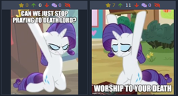 Size: 462x250 | Tagged: safe, derpibooru import, edit, edited screencap, screencap, rarity, pony, unicorn, dragon dropped, bipedal, caption, derpibooru, female, juxtaposition, kneeling, mare, meta