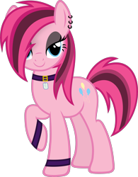 Size: 3509x4500 | Tagged: safe, artist:slb94, pinkie pie, earth pony, pony, alternate hairstyle, armband, bracelet, collar, dog tags, ear piercing, earring, eyeshadow, goth, jewelry, looking at you, makeup, piercing, raised hoof, simple background, smiling, solo, transparent background, vector