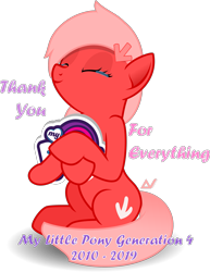 Size: 2229x2892 | Tagged: safe, artist:arifproject, oc, oc only, oc:downvote, earth pony, pony, crying, derpibooru, derpibooru ponified, end of ponies, happy birthday mlp:fim, holding, meta, mlp fim's ninth anniversary, my little pony logo, ponified, simple background, sitting, smiling, solo, tears of joy, transparent background, vector