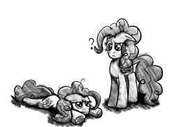 Size: 3744x2720 | Tagged: safe, artist:tkitten16, mean pinkie pie, pinkie pie, pony, the mean 6, clone, confused, duo, inktober, inktober 2018, lying down, monochrome, simple background