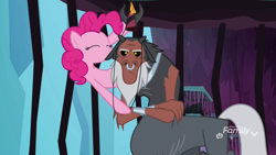 Size: 1920x1080 | Tagged: safe, screencap, lord tirek, pinkie pie, centaur, earth pony, pony, school raze, cage, crossed arms, duo, female, hat, male, mare, nose piercing, nose ring, party hat, piercing