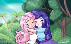 Size: 1199x738 | Tagged: safe, artist:melliedraws, fluttershy, rarity, human, fake it 'til you make it, breasts, cute, duo, hootershy, hug, humanized, raribetes, raritits, scene interpretation, shyabetes