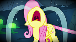 Size: 598x335 | Tagged: safe, fluttershy, changeling, pegasus, pony, to where and back again, crying, disguise, disguised changeling, nose in the air, ocular gushers, solo