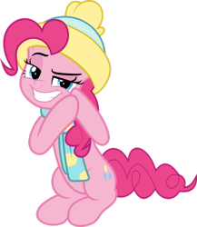 Size: 833x959 | Tagged: safe, artist:jhayarr23, pinkie pie, earth pony, pony, best gift ever, beanie, clothes, faic, hat, raised eyebrow, rubbing hooves, scarf, simple background, smiling, smirk, solo, transparent background, vector