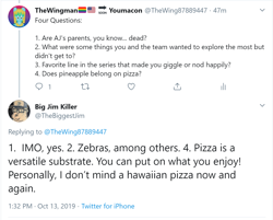 Size: 1354x1089 | Tagged: safe, implied brightbutter, implied death, implied zebra, jim miller, meta, pineapple pizza, text, text only, twitter