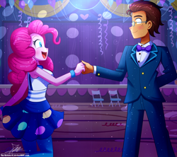Size: 1260x1120 | Tagged: safe, artist:the-butch-x, pinkie pie, oc, oc:copper plume, equestria girls, blushing, bowtie, canon x oc, clothes, commission, commissioner:imperfectxiii, copperpie, dance floor, dress, female, glasses, happy, holding hands, leggings, male, signature, straight, suit