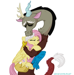 Size: 1036x1048 | Tagged: safe, artist:superpeppepower, discord, fluttershy, draconequus, pegasus, pony, to where and back again, blushing, discoshy, eyes closed, female, floppy ears, folded wings, holding a pony, hug, male, mare, scene interpretation, shipping, simple background, smiling, straight, white background, wings