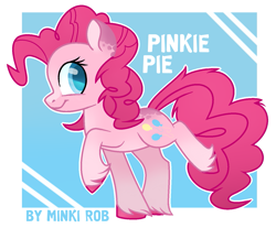 Size: 1423x1177 | Tagged: safe, artist:minki-rob, pinkie pie, earth pony, pony, abstract background, alternate design, female, mare, raised hoof, smiling, solo, unshorn fetlocks