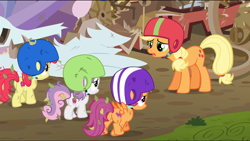 Size: 1360x768 | Tagged: safe, screencap, apple bloom, applejack, scootaloo, sweetie belle, earth pony, pony, the cart before the ponies, broken, cutie mark crusaders, helmet