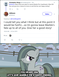 Size: 645x837 | Tagged: safe, marble pie, earth pony, pony, best gift ever, answer, encouragement, episode idea, fanfic idea, female, hope, mare, message, meta, mike vogel, question, response, season 10, twitter