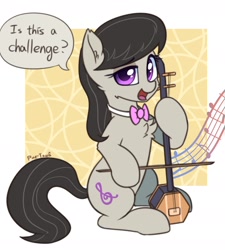 Size: 1642x1827 | Tagged: safe, artist:puetsua, octavia melody, earth pony, pony, cheek fluff, chest fluff, cute, dialogue, ear fluff, erhu, female, hoof hold, leg fluff, mare, music notes, musical instrument, open mouth, sitting, solo, speech bubble, tavibetes