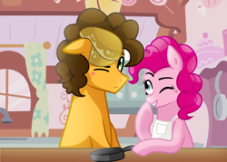 Size: 1284x920 | Tagged: safe, artist:sapphireartemis, cheese sandwich, pinkie pie, pony, apron, cheesepie, clothes, female, food, male, pancakes, shipping, straight