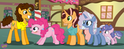 Size: 1024x407 | Tagged: safe, artist:kittypaint08, cheese sandwich, pinkie pie, oc, oc:happy party, oc:summer party, oc:sweet party, pony, cheesepie, female, half-siblings, male, offspring, parent:cheese sandwich, parent:party favor, parent:pinkie pie, parent:pokey pierce, parents:cheesepie, parents:partypie, parents:pokeypie, shipping, straight