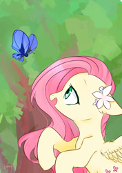 Size: 850x1200 | Tagged: safe, artist:lity, fluttershy, butterfly, pegasus, pony, cute, ear fluff, floppy ears, flower, flower in hair, open mouth, pixiv, profile, shyabetes, solo, tree, wing fluff