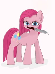 Size: 1024x1366 | Tagged: safe, artist:manachaaaaaaaa, pinkie pie, earth pony, pony, female, knife, mare, pinkamena diane pie, scowl, simple background, solo, white background