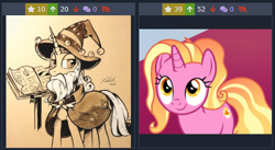 Size: 500x273 | Tagged: safe, screencap, luster dawn, star swirl the bearded, the last problem, derpibooru, juxtaposition, juxtaposition win, meme, meta