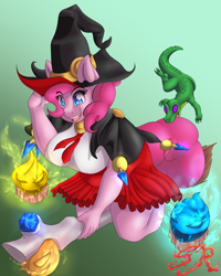 Size: 2400x3000 | Tagged: safe, artist:swiftriff, gummy, pinkie pie, alligator, anthro, earth pony, breasts, broom, clothes, cupcake, dessert, female, flying, flying broomstick, food, halloween, hat, holiday, open mouth, pinkie pies, pleated skirt, skirt, solo, witch, witch hat