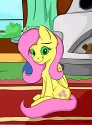 Size: 1587x2160 | Tagged: safe, artist:the-fox-experiment, fluttershy, pegasus, pony, female, fireplace, fluttershy's cottage, green eyes, mare, sitting, window, wrong eye color